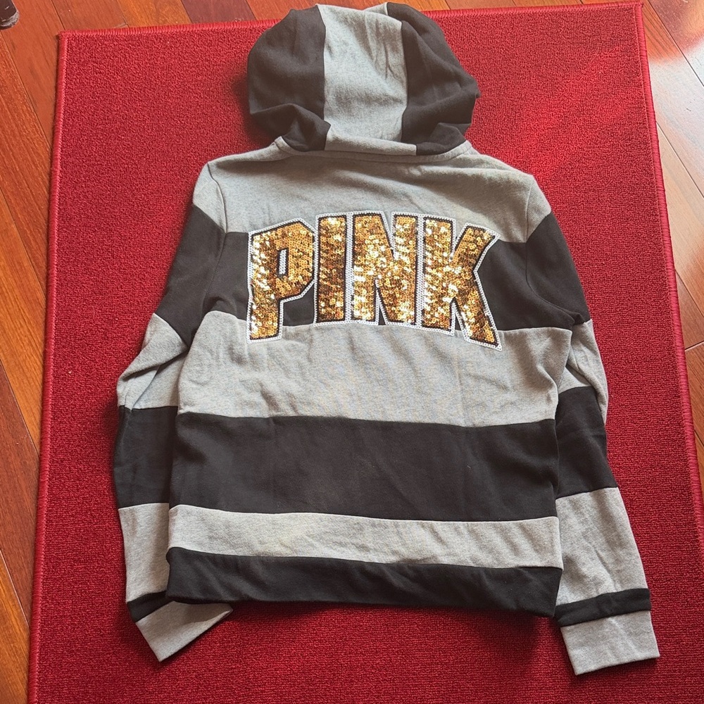 PINK Victoria's Secret Black & Gray Striped Sequin Logo Hoodie